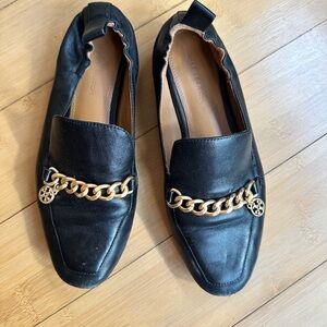 Tory Burch Black Leather Loafers with Gold Chain